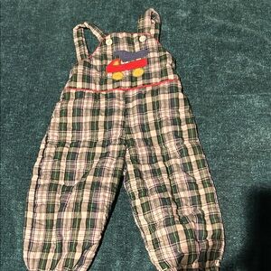 Kids Plaid Overalls with Airplane Design